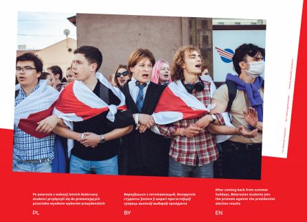 Photograph from the exhibition Belarus. road to freedom. protesting students. young people girded with the national flags of Belarus, holding hands in a line.